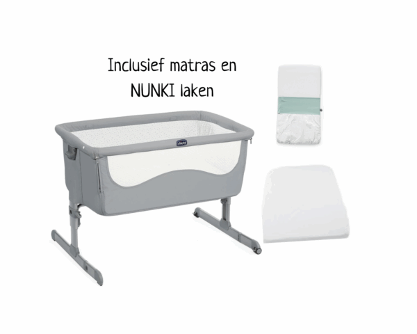 Chicco-met-matras-en-NUNKI Tweeling Chicco Next 2 Me co sleeper huren + nieuwe matrasjes