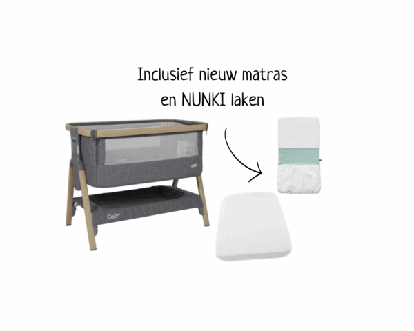Cozee-co-sleeper-met-nieuw-matras-en-nunki-laken Cozee Tutti Bambini huren + matras en NUNKI.