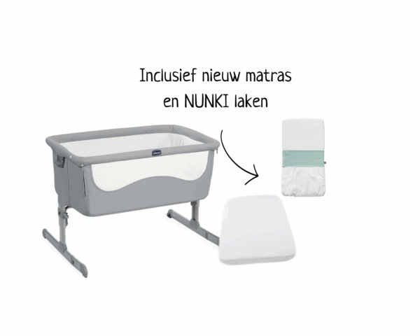 chicco-next-2-me-met-nieuw-matras-en-NUNKI- Chicco Next2Me co sleeper huren met NUNKI laken.